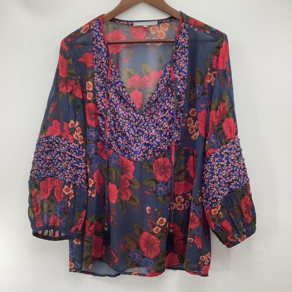 Daniel Rainn Navy and Red Floral Sheer Blouse - Picture 2 of 11